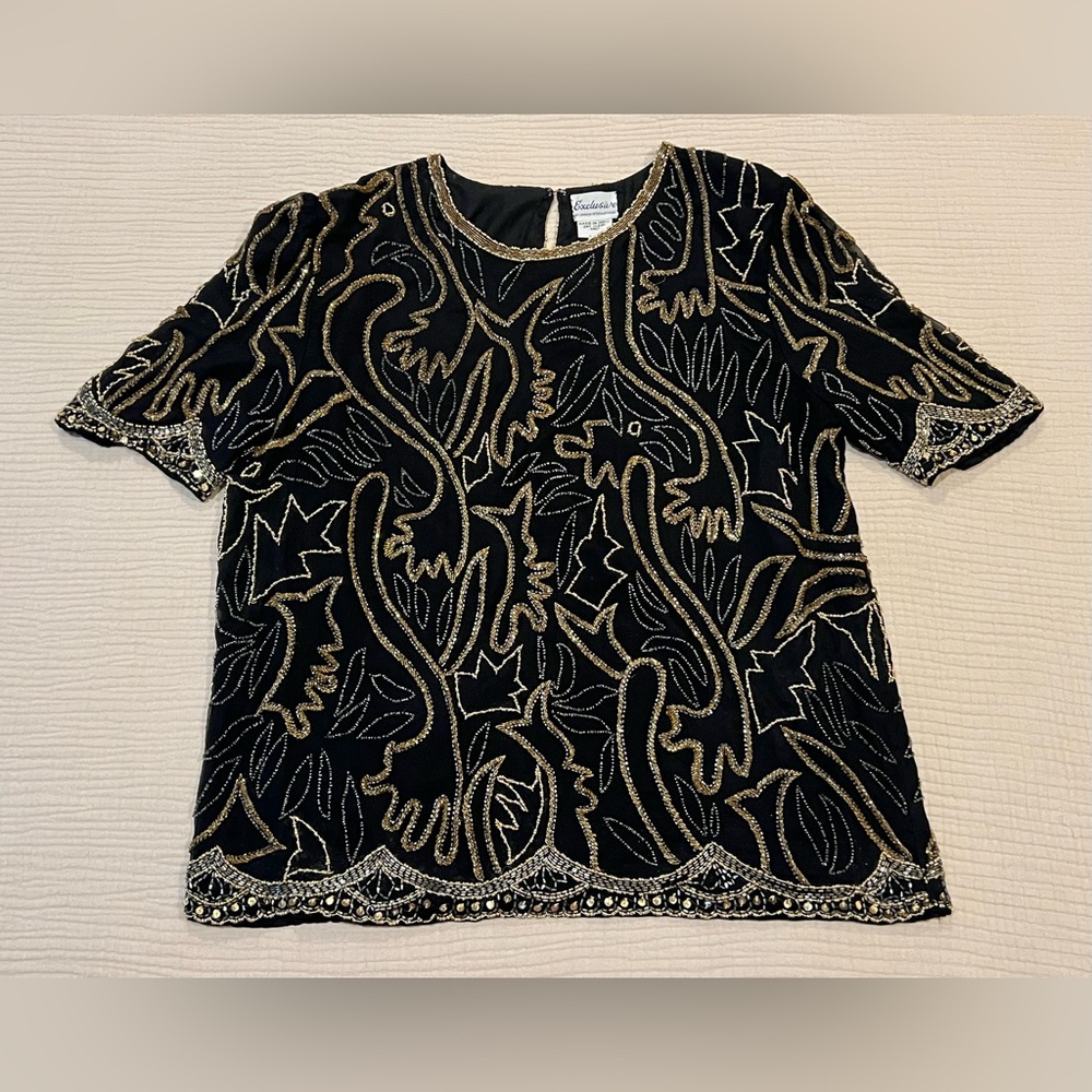 Vintage Exclusive by Jainson Int. Gold Silver Beaded Black Silk Blouse Size 2X